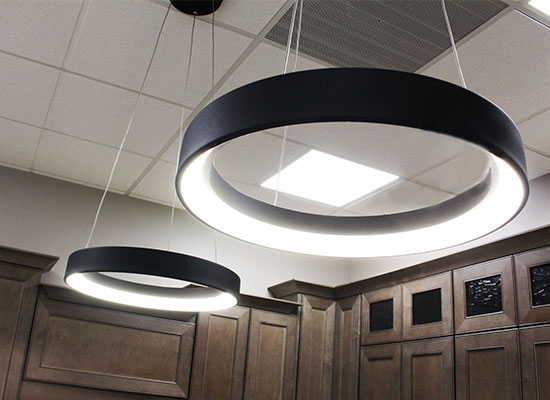 Ring lights in Christoff & Son's Flooring break room in Jackson, Michigan